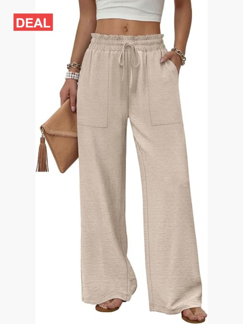 Wide Leg Pants Drawstring Elastic Waist Pockets Flowy Palazzo Trousers
